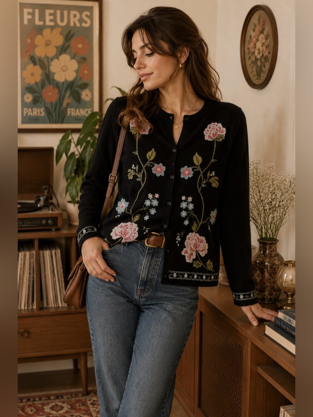 Vintage Casual Corner Annex Embroidered Flowers Black Wool Sweater Cardigan SP